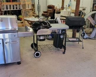 Weber Genisis Gas Grill, Weber Kettle Grill and Traeger Portable wood fired Grill.