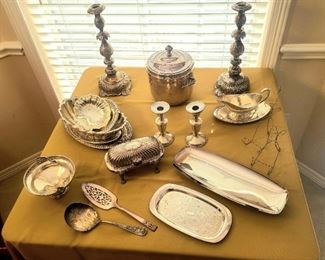 Silver & silver plated serving pieces including F. B. Rogers Silver Co. pieces
