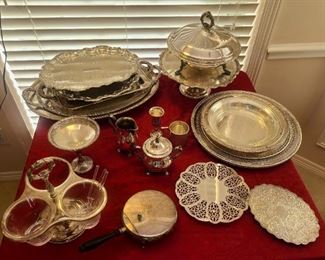 Silver & silver plated serving pieces including F. B. Rogers Silver Co. pieces