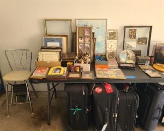 Vintage step chair ladder, luggage, frames and more stuff in garage