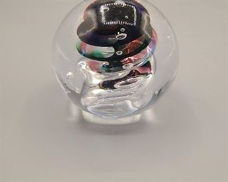 Signed Art Glass Rainbow Swirl Controlled Bubble Paperweight 