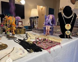 Beaded evening bags, Stamped & signed signature jewelry pieces, pendants, earrings - both clip & pierced, bracelets & necklaces