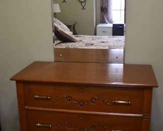 Antique Spoon Carved 3 Drawer Chest with Beveled Mirror on Wall