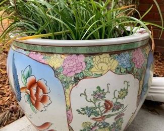 Beautiful Fish Bowl Style Planter Depicting Florals and Birds