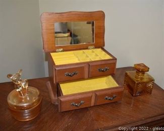 Jeanette Carnival Glass Fawn Powder Jar Small Amber Decanter Wooden Jewelry Chest