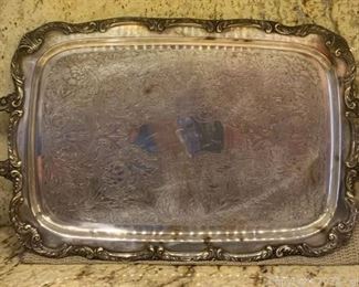Large Antique Silverplate Double Handled Serving Tray with Etched Design
