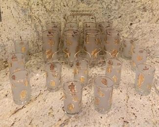 Mid Century Collection of Libbey Frosted Gold Leaf Glasses Including Set with Caddy