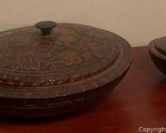 Two Vintage Hand Carved Wooden Covered Bowls From Poland