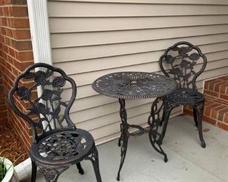 Three Piece Outdoor Rose Adorned Cast Aluminum Bistro Set