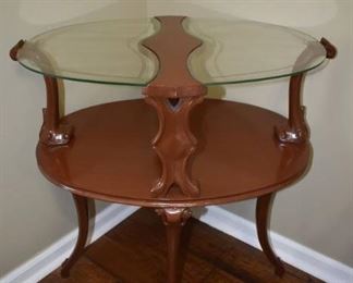 Unique Wooden Art Nouveau Etched Glass Side Table