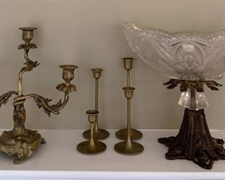 Vintage Brass Decor Including Art Nouveau Brilliant Cut Pedestal Base