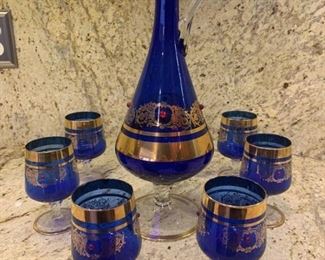 Vintage Bohemian Cobalt Blue and 24K Gold Decanter and Glasses