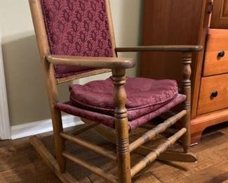 Vintage Turned Rocking Chair with Maroon Upholstery