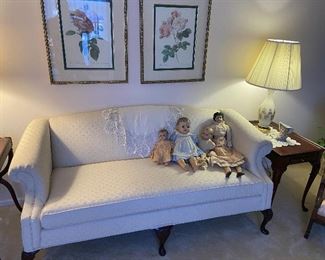 Antique white couch, side tables