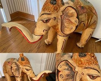 Large Painted Polychrome Carved Soft Wood Vintage Indian Elephant - Made up of six Parts