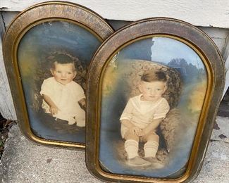 Pair Vintage Convex Bubble Glass Frames with Old Photo’s 