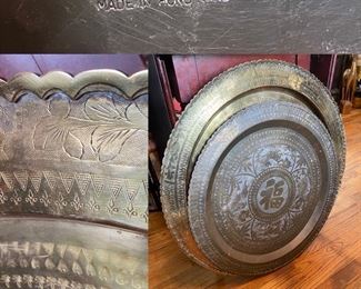 Vintage 1960’s Brass 24” & 28” Round Hammered Etched Trays made in Hong Kong