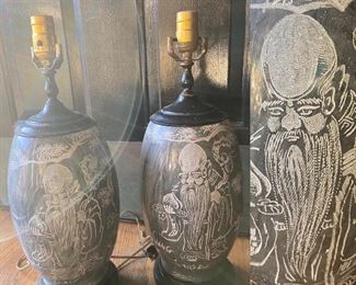 Pair Asian Themed Etched Marble Lamps