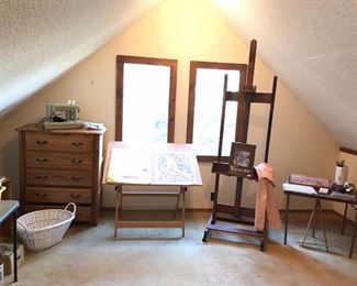 Artists easel drafting table art supplies baskets sewing machines 