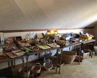 Baskets books sewing supplies leather for art projects