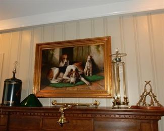 Dogs on canvas, tole lamp, etc.