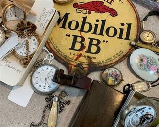 Pocket watches mostly Elgin and antique oil metal sign