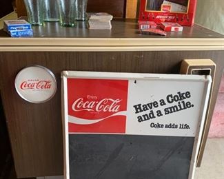 Vintage Coke cooler and Chalkboard sign