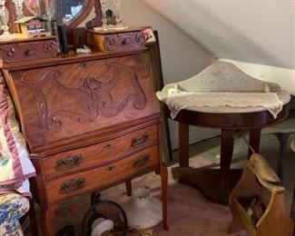Antique Secretary and  Marble top table