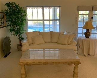 Marge Carson Sofa and Loveseat, Coffee Table, Large Metal Decorative Platter on Stand, Table Lamp