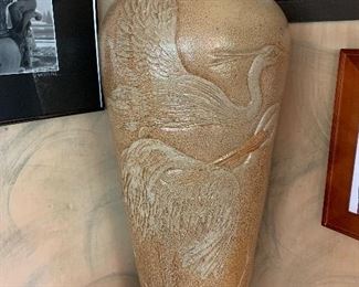 Large North Carolina Art Pottery Floor Vase with Carvings (Presentation to Bank President/Turned by Mike Ferree and Carved by Lenton Slack)