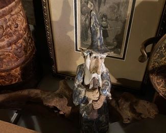 Figural Pottery Wizard on Natural Wooden Base