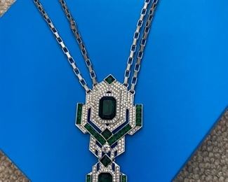 #34 - $56 Costume jewelry emerald green Austrian rhinestone & diamonds style. Long chain can be shorten. 