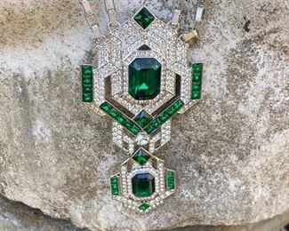 #34 - $56 Costume jewelry emerald green Austrian rhinestone & diamonds style. Long chain can be shorten. 