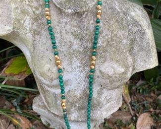 $295 - Malachite & 14kt gold long strand beads necklace 