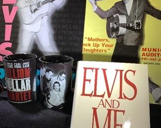 Elvis wall art, coffee mugs and books