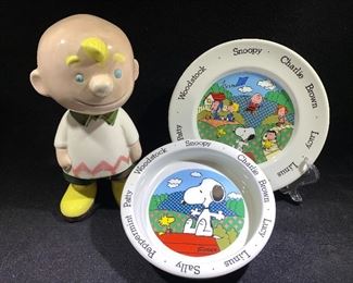 Vintage Peanuts baby dishes, handmade Charlie Brown ceramic figure