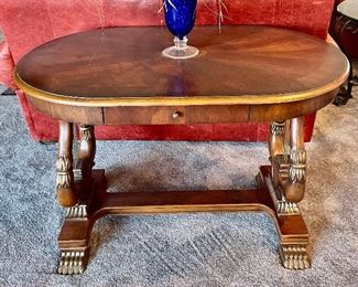 Cherry wood behind sofa display table with harp sides.