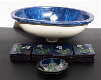 Hand Painted sink with backsplash tiles and soap dish