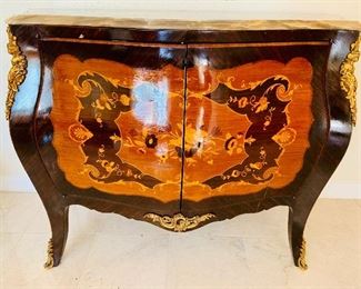 Marble Topped Louis XV Style Bombe Commode with Intricate Marquetry