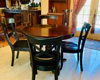 Pottery Barn cross back Chairs and vintage pedestal table with one leaf.