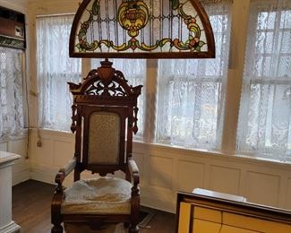 Chair measures 59" high x 28" wide x 26" deep. Stained glass panel is 43" high x 61" long.
