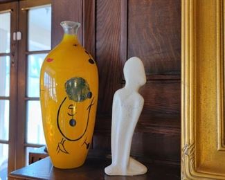 Vase is 16" high and abstract statue is 11" high.