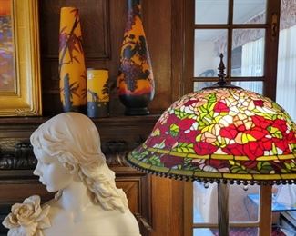 Bust is 24" high and Tiffany-style lamp is 65" high (2 lamps available)