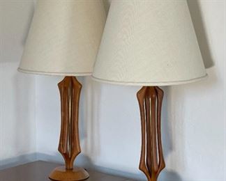 2pc MCM Teak Lamps PAIR Walnut Sculptural Wood Lamps PAIR Danish Modern Cage 35in H x 18 in diameter