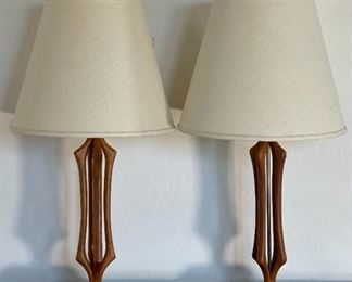 2pc MCM Teak Lamps PAIR Walnut Sculptural Wood Lamps PAIR Danish Modern Cage 35in H x 18 in diameter