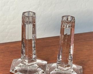 Tiffany & Co. Frank Lloyd Wright 1987 Crystal Glass Candle Holders PAIR FLW 6 x 3.5 x 4in HxWxD