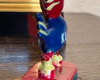 Vintage Cast Iron KU Jayhawk Bird Figurine Paperweight University Of Kansas Mascot Big Jay C. Downing Casting Co 2.5 inches high