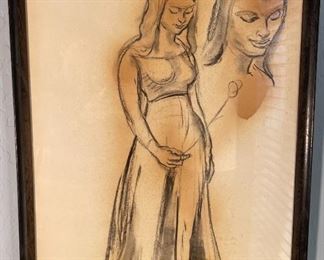 Karl Mattern Original Art Pregnant Woman Sketch Signed To Betty K.M. Frame: 28.25 x 21.25