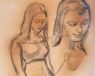 Karl Mattern Original Art Pregnant Woman Sketch Signed To Betty K.M. Frame: 28.25 x 21.25