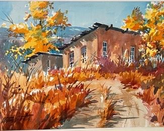 Original Art Watercolor Santa Fe Home on Hill by Cletus Smith 1987 Frame: 22 x 29.5in <BR>Image: 14.5 x 21in